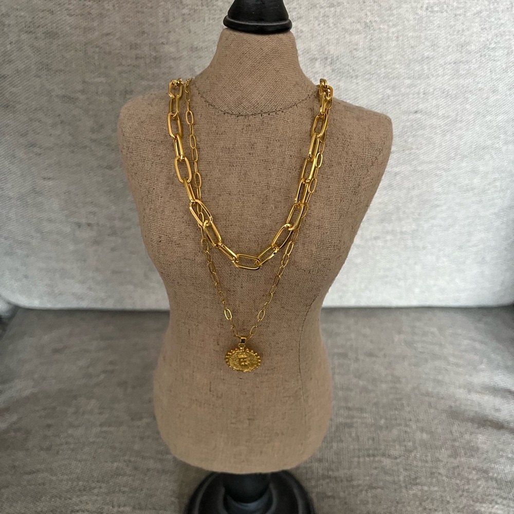 Gold Plated Paper Clip Chain Necklace with Medallion Initial  “C” Pendant